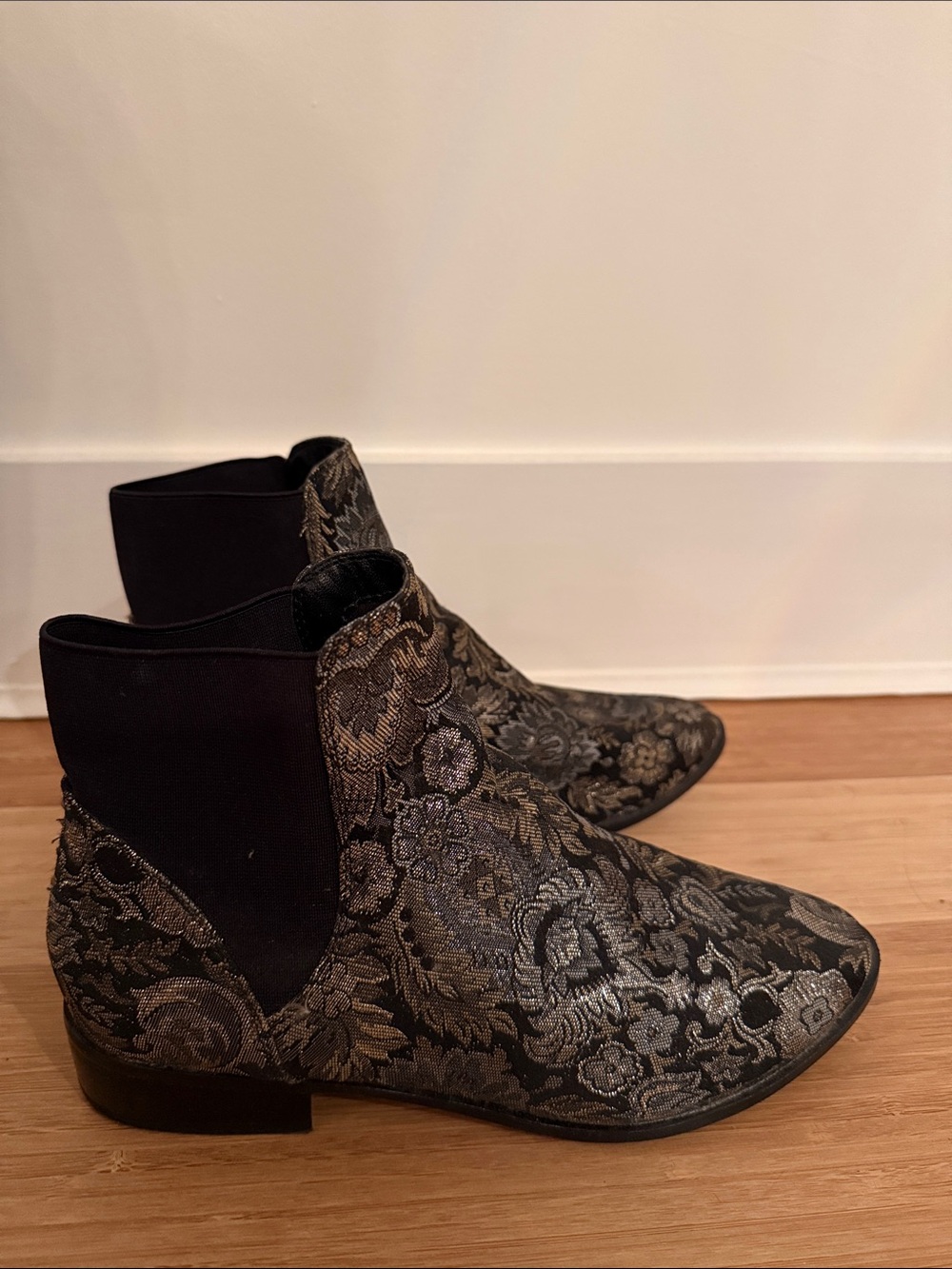 Aldo Black and Metallic Brocade Chelsea Booties